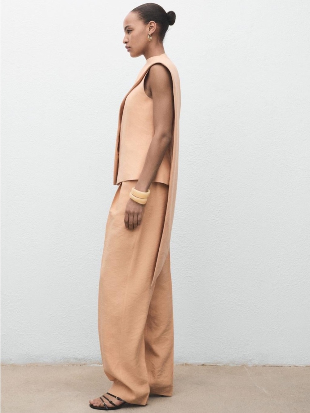MANGO Set ! Peachy Nude Pants Set Sleeveless Tailored Wide-Leg Top Lyocell S/M - Picture 5 of 11
